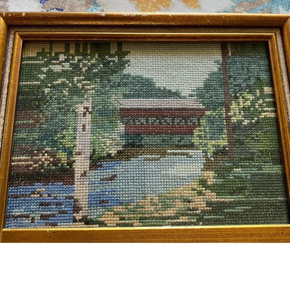 Cross stitch covered bridge‎ With Mirror VTG Wood Framed w Mirror granny chic